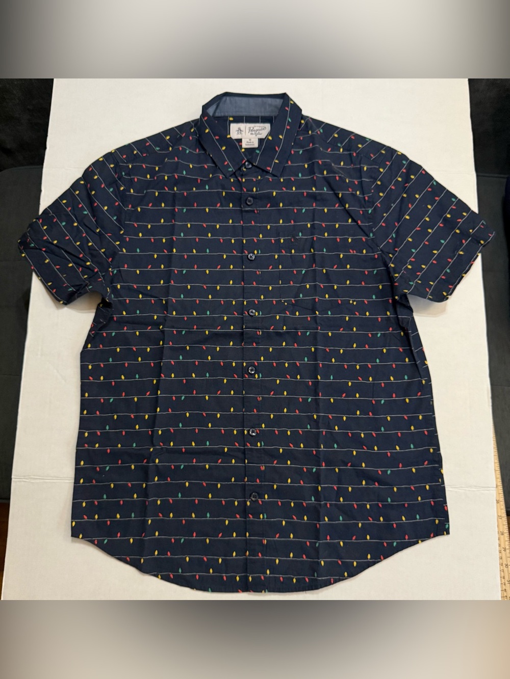 Navy Short-Sleeve Button-Up Shirt with Multicolor Light Print